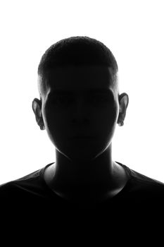 Minimalist black and white silhouette of a person wearing a crew neck t-shirt.