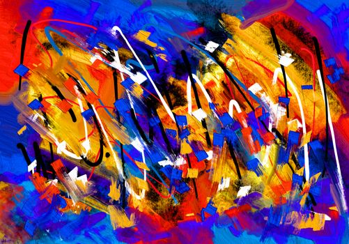 Dynamic abstract acrylic painting with bold colors and energetic patterns.