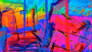 A vibrant and colorful abstract painting with vivid hues and dynamic brush strokes.